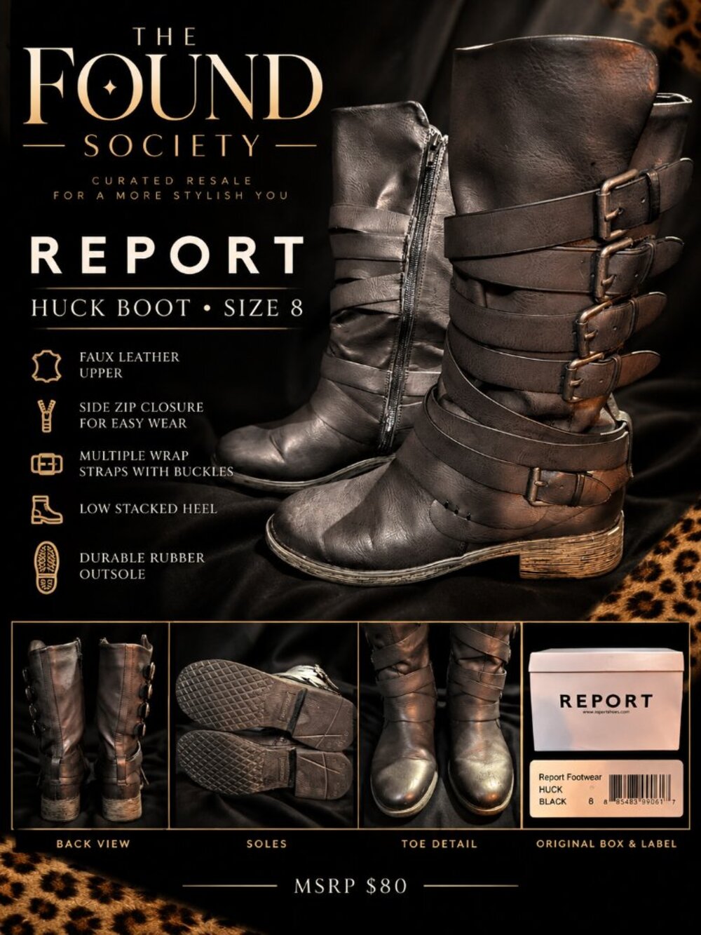 Report Huck Black Multi Buckle Moto Mid Calf Boots Size 8 Original Box